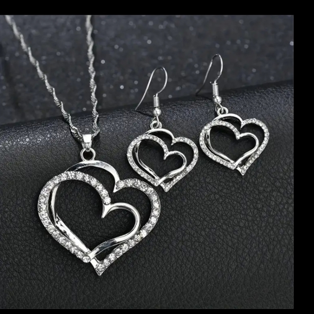 Double Hollow Love Heart Jewelry Set With Pendant Necklace & Drop Earrings & Cha